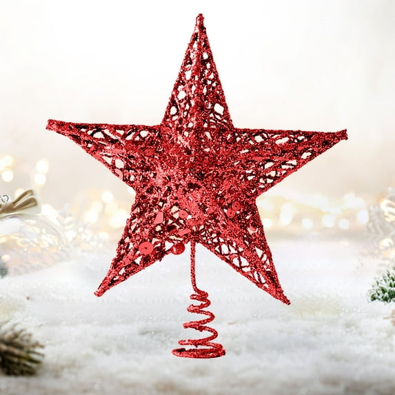 Iron Glitter Christmas Tree Topper - 12x10 Inch Pentagram Star for Holiday Tree Decor Red