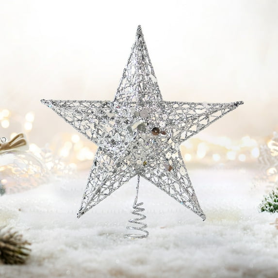 Iron Glitter Christmas Tree Topper - 12x10 Inch Pentagram Star for Holiday Tree Decor Silver