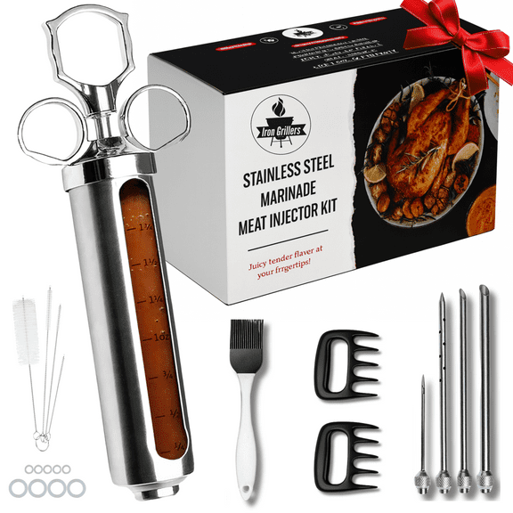 Iron Grillers Stainless Steel Meat Injector Syringe Kit for Smoking & Grilling Turkey, Brisket & BBQ