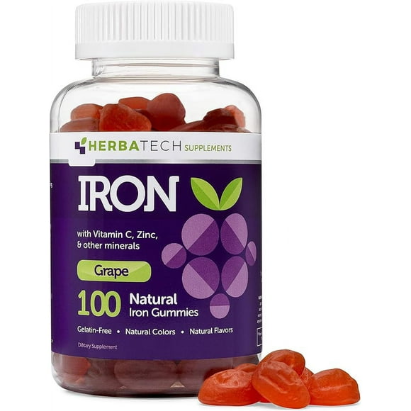 Iron Gummies for Adults and Kids, Chewable Multivitamin Supplement with Iron, Vitamin C, A, B, Zinc, Folic Acid, and Biotin (Grape Flavored) Vegan Safe, Made in The USA from HERBATECH