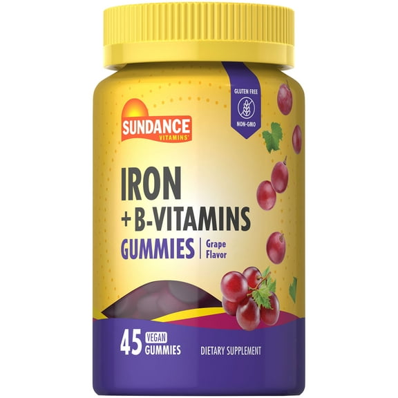 Iron Gummies | Plus B-Vitamins | 45 Vegan Gummies | Grape Flavor | Vegan, Non-GMO, and Gluten Free Supplement | by Sundance
