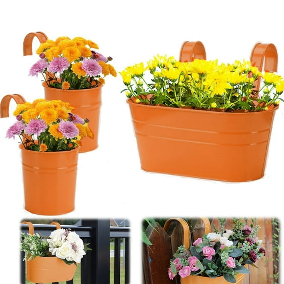 Iron Hanging Flower Plant Pots, Metal Plant Planter Baskets with Detachable Hooks, Fence Hanging Planter Bucket,Oval Hanging Planters for Railing Outdoor (3 Pcs)