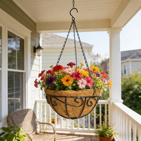 Iron Hanging Flower Pot Basket for Garden Patio Decoration, Sturdy Planter Holder for Indoor Outdoor Use, 10.04x10.04x4.72 Inch Brown