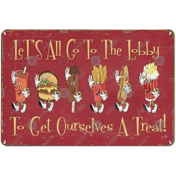 Iron Hanging Plate Horizontal Cute Movie Theatre Gaming Room Snacks Sign - Let's All Go to The Lobby Vintage Wall Decor(Red) 12x8 Inch
