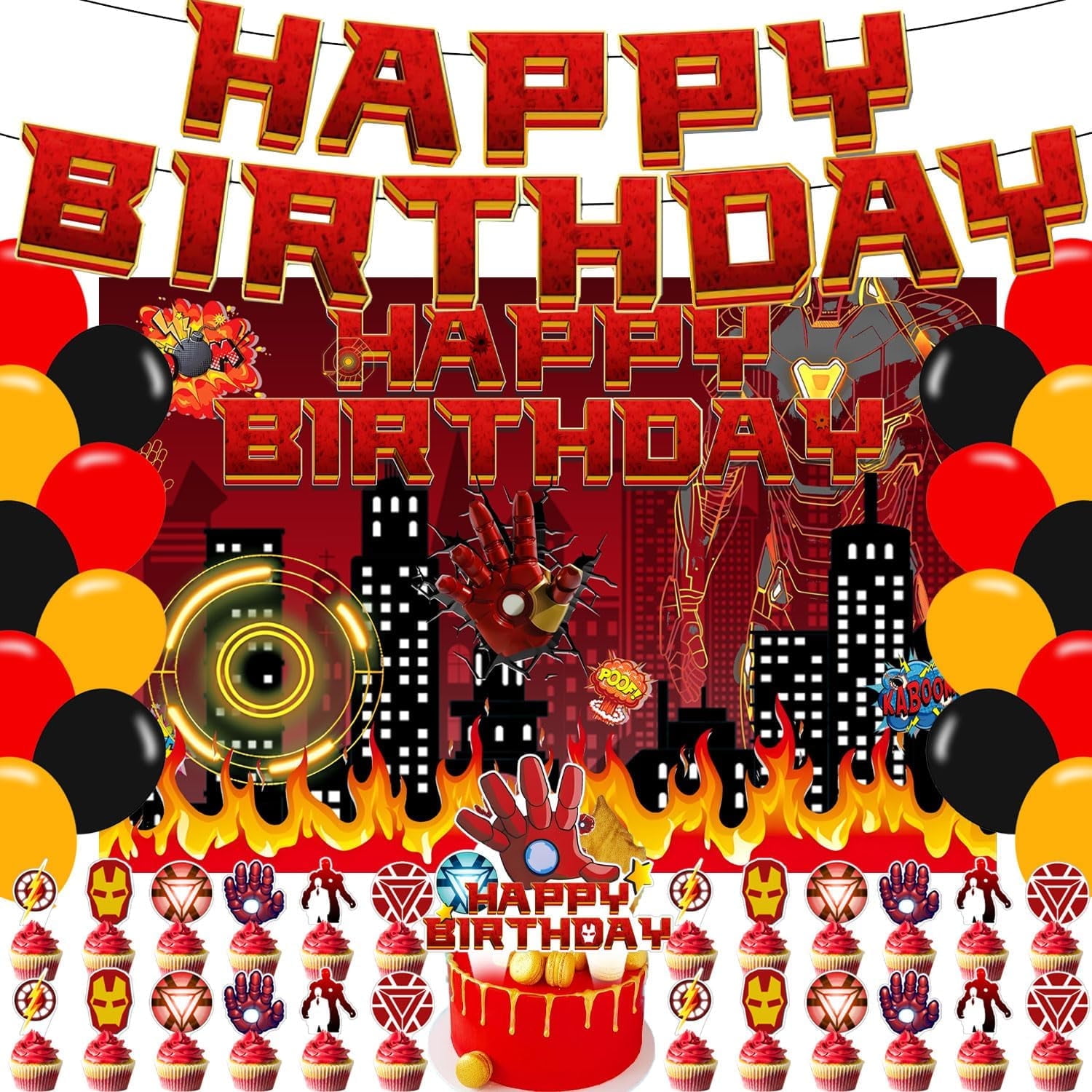 Iron Hero Birthday Party Supplies,Super Iron Hero Party Decorations Include Backdrop Banner Cake Topper Party Ballons for Cartoon Super Heros Party