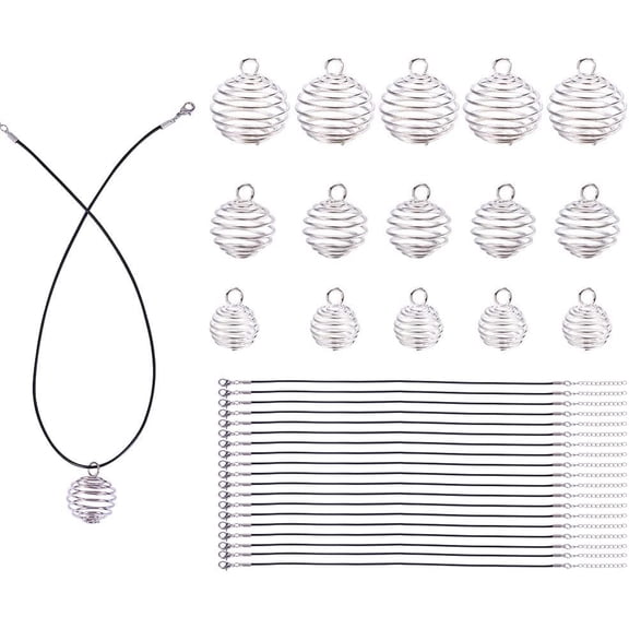 Iron Holder Necklace Kit 24pcs 3 Sizes Spiral Stone Tumbled Rock Bead Cage with 24pcs Waxed Cotton Necklace Cord 50pcs Jump Rings Lucky