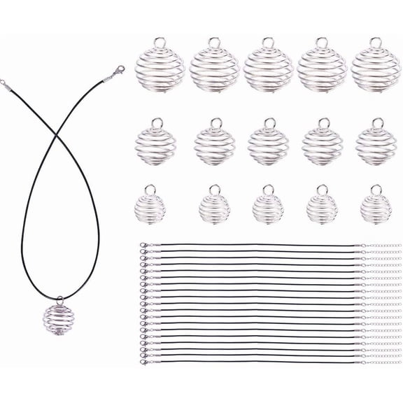 Iron Holder Necklace Kit 24pcs 3 Sizes Spiral Stone Tumbled Rock Bead Cage with 24pcs Waxed Cotton Necklace Cord 50pcs Jump Rings Lucky