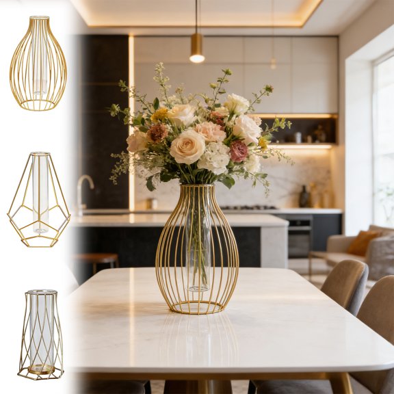 Iron Hydroponic Ornament Vase with Test Tube for Home Decor, Gold Metal Wine Bottle Planter for Living Room Desktop and Holiday Table Centerpiece, Vsgery