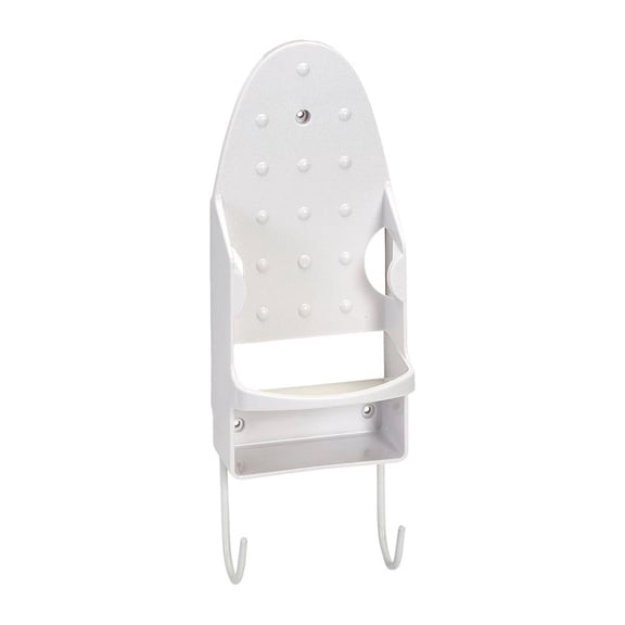 Iron and Ironing Board Holder Wall Mount, Heat-Resistant Electric Iron Storage Rack with Hanging Hooks, Compact Laundry Room Organizer for Home & Hotel, White