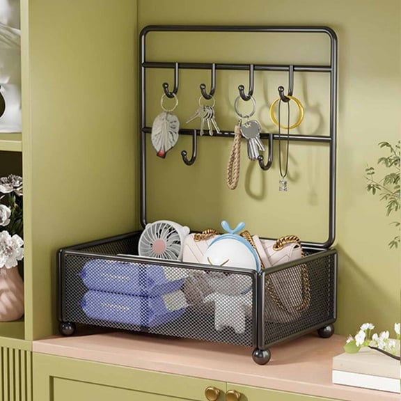 Iron Jewelry Rack Organizer, Desktop Trinket Display Stand with Wide Basket and Hooks, Wall-Mount or Tabletop Storage Shelf for Accessories, Makeup, Keys, Home Desk Organization