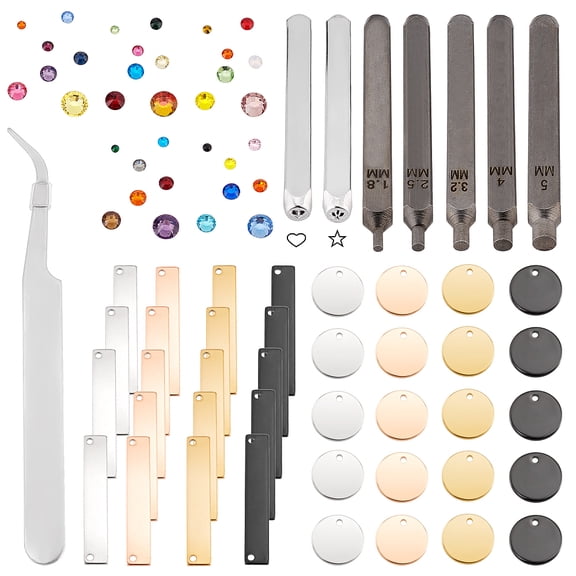 Iron Jewelry Setter Kit with Iron Stamps Glass Rhinestone Cabochons Stainless Steel Tweezers Brass Charms Mixed Color