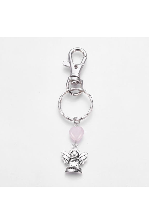 Iron Keychain Alloy Swivel Clasps with Tibetan style Pendants and Rose Quartz Angel 95mm