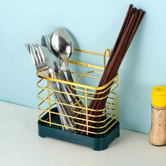 Iron Kitchen Utensil Holder | Wall-Mounted Double Grid Chopstick & Spoon Storage Rack | Metal Organizer, Pull-Out Design, Rust-Resistant, Bronze/Silver, 7"x6.3"x3.7" | Multi-Use, Easy Clean