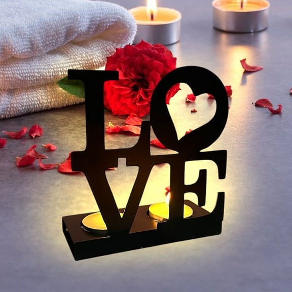 Iron Letter Candle Holders with Floral Design, Metal Candle Stand for Wedding Decor, Valentine's Day Table Centerpiece for Romantic Atmosphere Creation(Black,A)