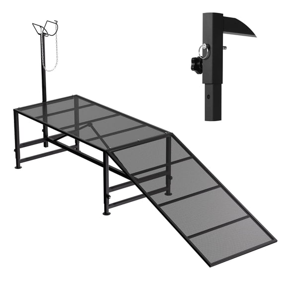 Iron Livestock Milking Stand with Ramp, 47"L x 23"W Mesh Platform Goat Trimming Stand, 500 LBS Load Capacity Sheep Shearing Stand with Adjustable Headpiece 41"-64.5" for Goat, Horse, Cow