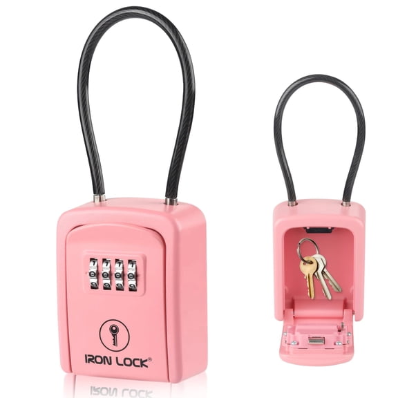 Iron Lock Key Lock Box Portable with Cable Shackle Small Waterproof Heavy-Duty Metal Safe with 4-Digit Combination for Spare Keys Outside on Door Knob, Fence, Pipe or Gate (Pink, Small)