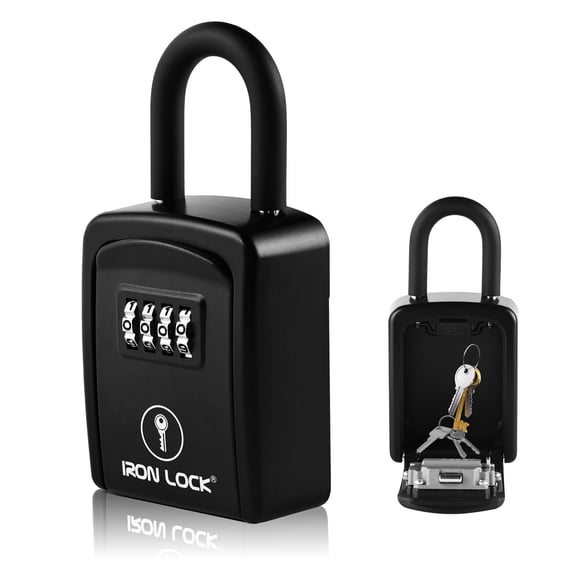 Iron Lock Key Lock Box Portable with U-Shackle Small Waterproof Heavy-Duty Metal Safe with 4-Digit Combination for Spare Keys Outside on Door Knob, Fence, or Gate (Black, Small)