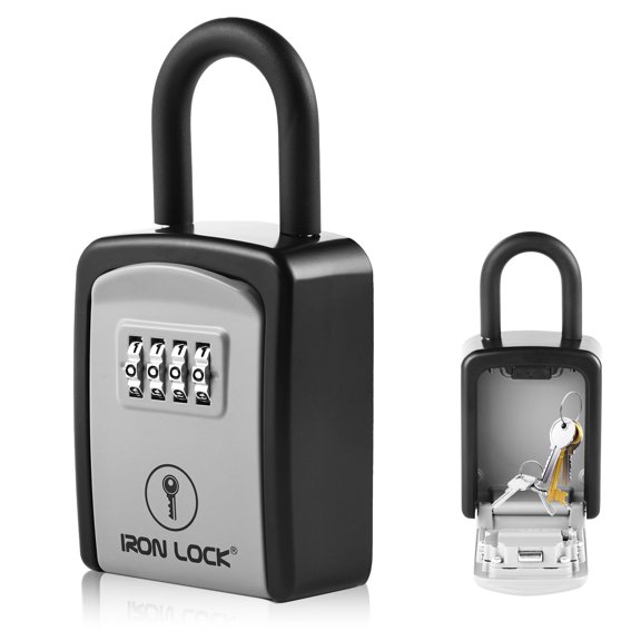 Iron Lock Key Lock Box Portable with U-Shackle Small Waterproof Heavy-Duty Metal Safe with 4-Digit Combination for Spare Keys Outside on Door Knob, Fence, or Gate (Grey, Small)