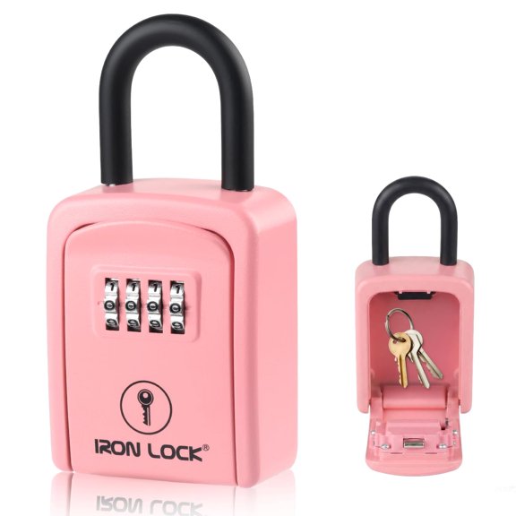 Iron Lock Key Lock Box Portable with U-Shackle Small Waterproof Heavy-Duty Metal Safe with 4-Digit Combination for Spare Keys Outside on Door Knob, Fence, or Gate (Pink, Small)