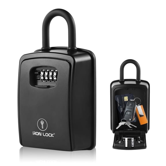Iron Lock® Key Lock Box Portable with U-Shackle – XXL Waterproof Heavy-Duty Metal Safe with 4-Digit Combination for Spare Keys Outside on Door Knob, Fence or Gate Extra Large (Black, XXL)
