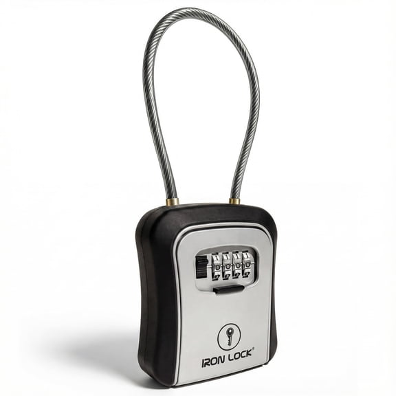 Iron Lock® Key Lock Box Portable with Cable Shackle & Wall Mount – Waterproof Metal Lock Box for Keys with 4-Digit Combination & Resettable Code – Indoor/Outdoor Key Safe (Grey, Medium)