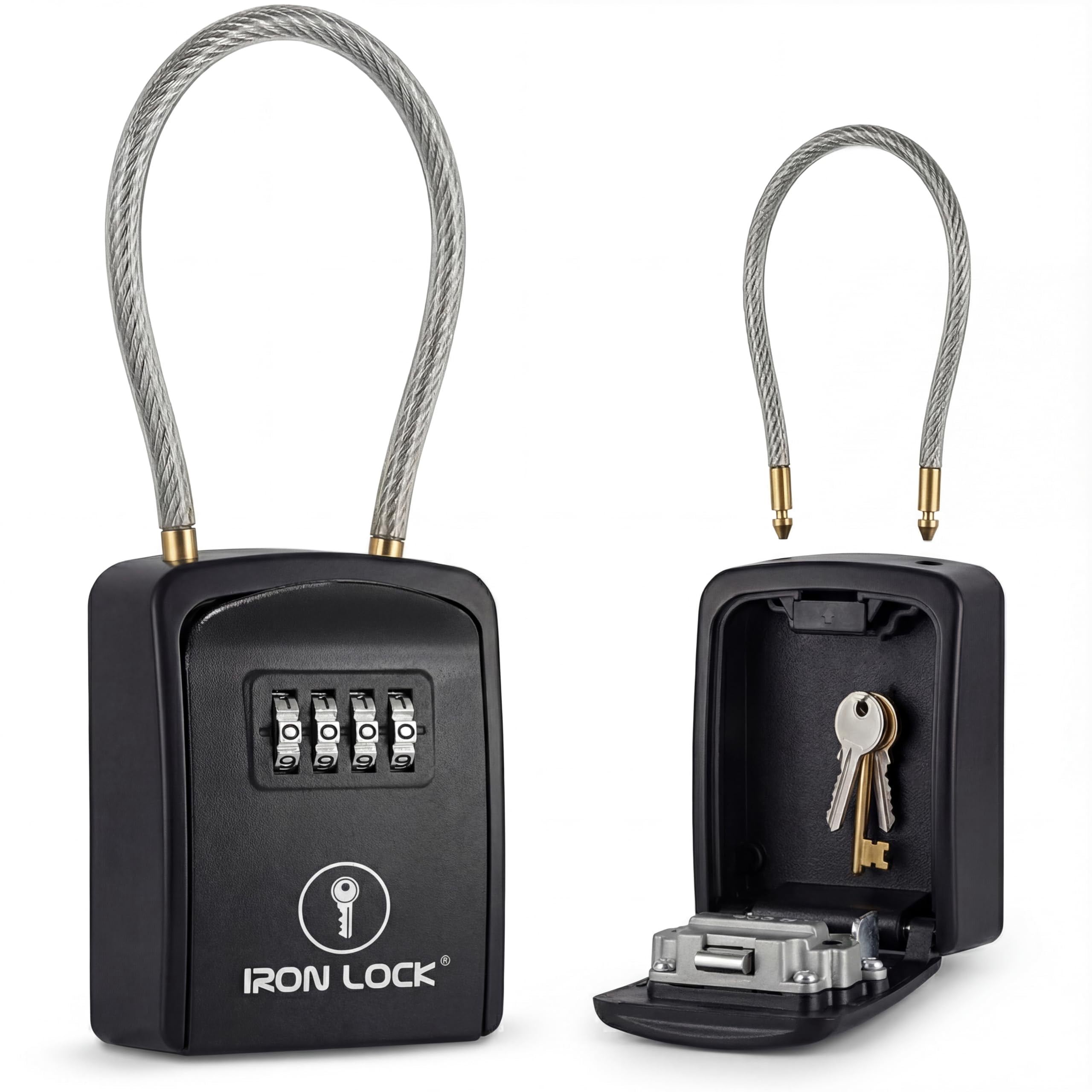 Iron Lock® Key Lock Box Portable with Cable Shackle – Small Waterproof Heavy-Duty Metal Safe with 4-Digit Combination for Spare Keys Outside on Door Knob, Fence, Pipe or Gate (Black, Small)