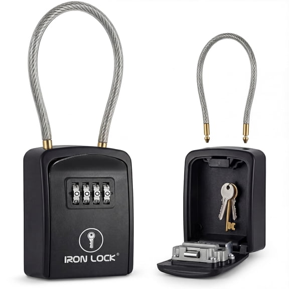 Iron Lock® Key Lock Box Portable with Cable Shackle – Small Waterproof Heavy-Duty Metal Safe with 4-Digit Combination for Spare Keys Outside on Door Knob, Fence, Pipe or Gate (Black, Small)