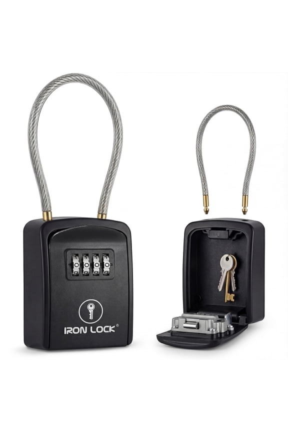 ® Key Lock Box Portable with Cable Shackle – Small Waterproof Heavy-Duty Metal Safe with 4-Digit Combination for Spare Keys Outside on Door Knob, Fence, Pipe or Gate (Black, Small)