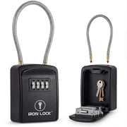 Iron Lock  Key Lock Box Portable with Cable Shackle   Small Waterproof Heavy-Duty Metal Safe with 4-Digit Combination for Spare Keys Outside on Door Knob, Fence, Pipe or Gate Black, Small