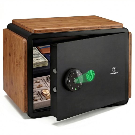 Iron Lock Smart Safe with Wood Finish, Fingerprint & Touchscreen Keypad, Bluetooth App Control, Share Access, Emergency Key, Bolt-Down Security