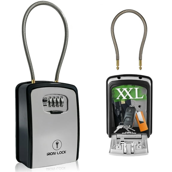 Iron Lock Waterproof X-Large Lock Box w/ Cable & 4-Digit Combo - Wall/Portable - Spacious Valuables Storage