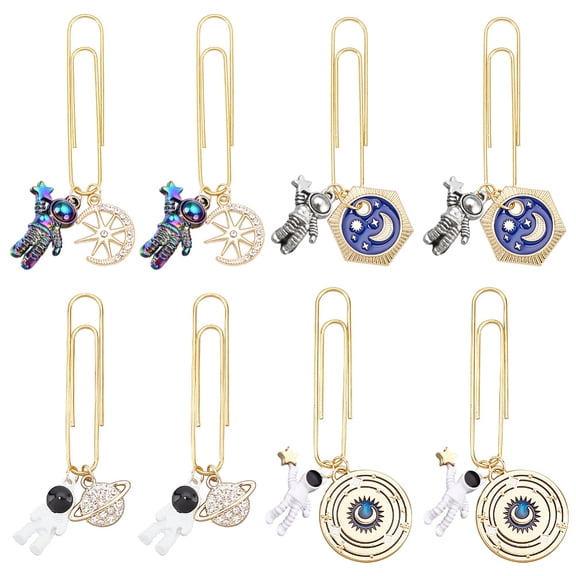 Iron Long Paper Clips Alloy Enamel Astronaut & Planet Pendant Paper Clip Mixed Color 65~75mm 4 style 2pcs/style 8pcs/set