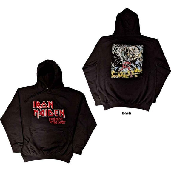 Iron Maiden Unisex Pullover Hoodie Sweatshirt Number Of The Beast Vintage Logo Faded Edge Album (Back Print) (Large)