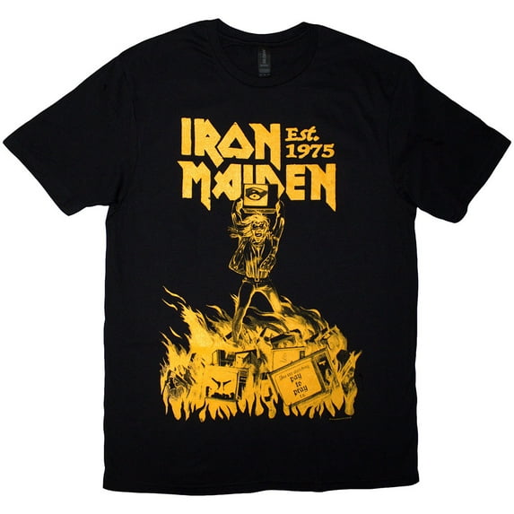 Iron Maiden Unisex T-Shirt Est. 1975 Holy Smoke Jumbo Yellow (Black)
