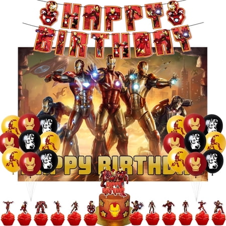 Iron Man Theme Cartoon style Birthday Decoration Kits,Party Supplies Including Banner, Balloons, Cake Toppers, Cupcake Toppers,Background Flag.