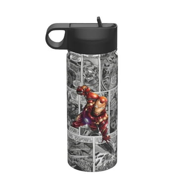 Iron Man Water Bottle, Cute Pattern Stainless Steel Vacuum Insulated Water Bottle with Straw, 18OZ Portable Leak Proof Drinking Bottle for Outdoor Office Travel School