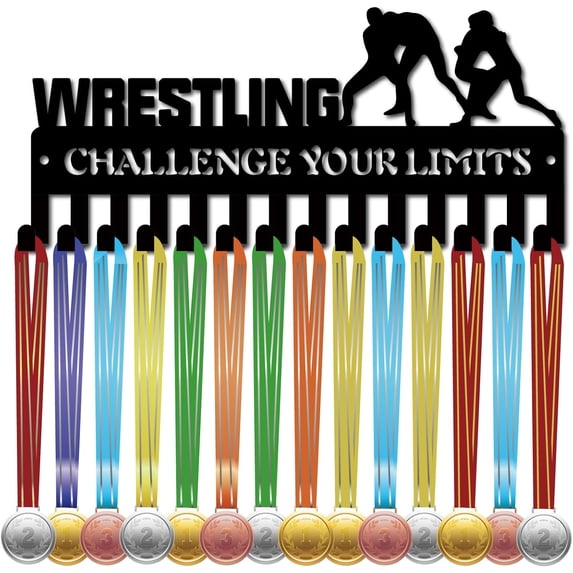 Iron Medal Holder Frame 14 Hooks Medals Display Hanger Rack with Screws Black Wrestling Human 130x290mm
