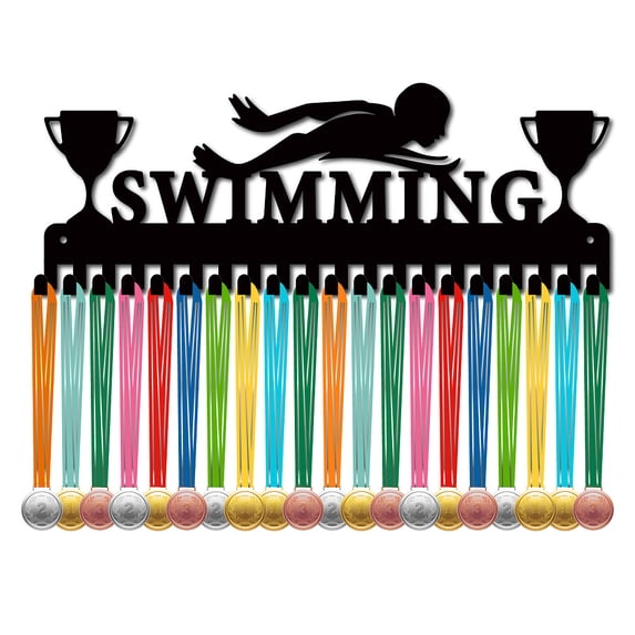 Iron Medal Holder Frame 20 Hooks Medal Display Hanger Rack with Screws Black Trophy 150x400mm Hole: 5mm