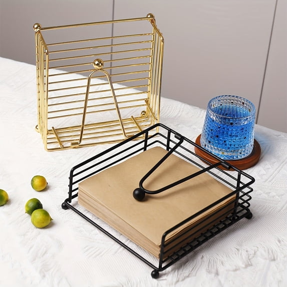 Iron Metal Tissue Holder, Sturdy Napkin Storage Rack, Rust-Proof Square Paper Organizer for Coffee Shop Hotel Restaurant Diner Home Kitchen Countertop Use, Gold