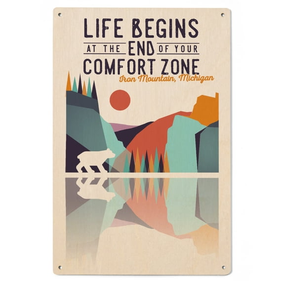 Iron Mountain, MI, Wander More Collection, Life Begins at the End of Your Comfort Zone Birch Wood Wall Sign (6x9 Rustic Home Decor, Ready to Hang Art)