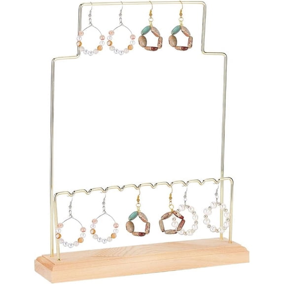 Iron Multi-Tier Earring Display Organizer Holder Earring Display Tower for Hanging Earrings with Wood Pedestal Light Gold Finish Product: 22x5x27.5cm about 3pcs/set
