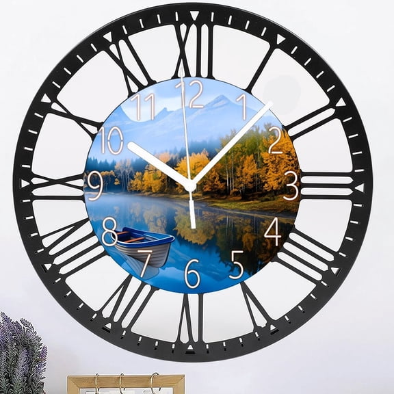 Iron Natural Landscape Wall Clock Silent Non-Ticking Battery Operated Glass Decorative Clocks 10 Inch Lake Boat Mountain Round Clock for Living Room Kitchen Bedroom Office Style 10×10inch