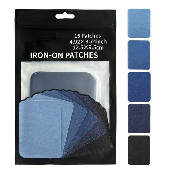 Denim Repair Patches, 15 PCS Iron-On Cotton Reinforcements for Jeans Jackets Pants, Large Size 3.74x4.92 Inches, Inside Outside Application, Blue Shades, Black and White