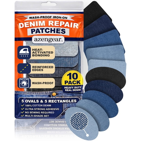 Iron-On Real Denim Repair Patches for Jeans (5 Ovals + 5 Rectangles Kit) Wash-Proof, Heavy Duty, Apply Inside or Outside, Strong Adhesive, Shades of Blue & Black, Ideal for Knees, Thighs, Elbows
