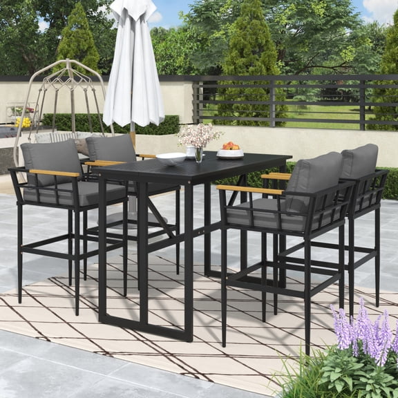 Iron Outdoor Dining Set with Natural Acacia Wood Armrests – 4 Chairs + Table for Patio, Backyard or Balcony – Gray Cushions