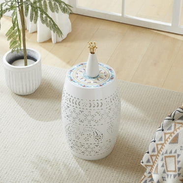 Iron Outdoor Patio & Indoor Side Table with Mosaic Top Design, White