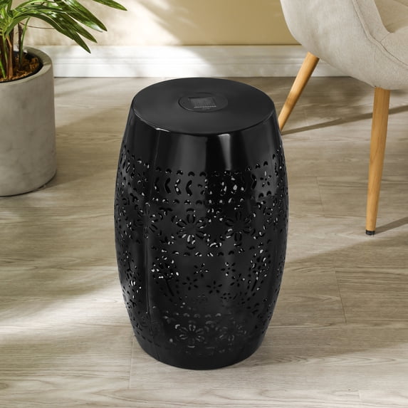 Iron Outdoor Patio Side Table with Solar Powered Light, Black