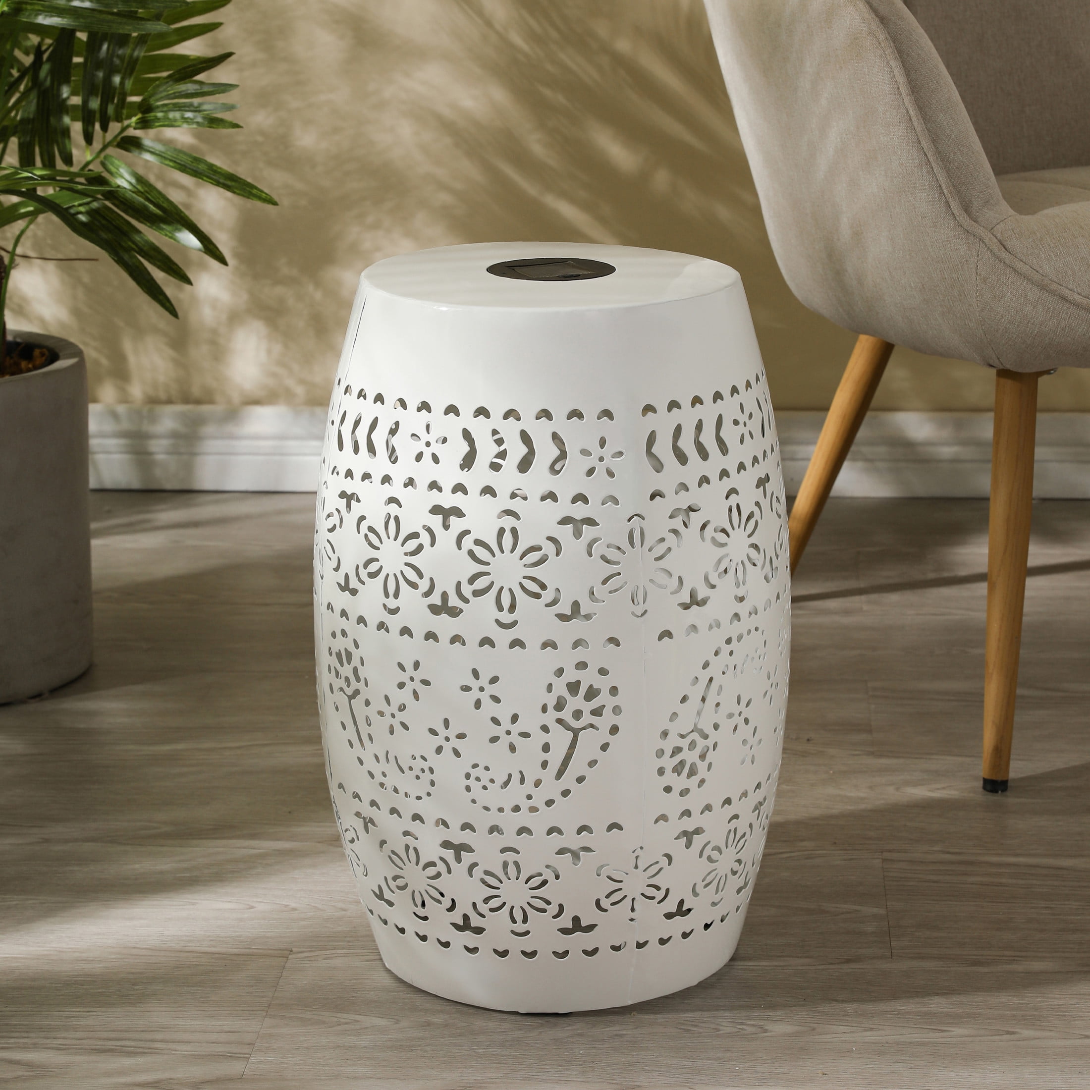 Iron Outdoor Patio Side Table with Solar Powered Light, White