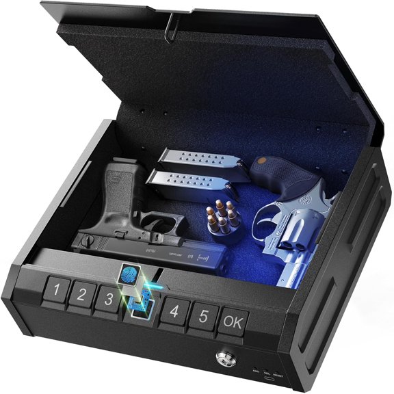 Iron PRO Biometric Fingerprint Gun Safe for Handgun: Swift Entry Gun Lock Box Featuring with Interior Light and Emergency Power Supply: Pistol Safe for Home, Bedside, Nightstand, and Car