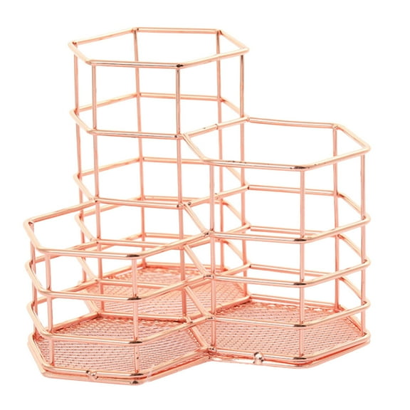 Iron Pen Holder Desktop Multifunctional Pen Holder Writing Desk Stationery Organizer Storage Container for Home Room Office (Rose Gold)